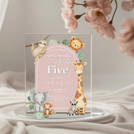 Roze Tropisch Oerwoud Safari Dieren Verjaardag Acryl Uitnodigingen