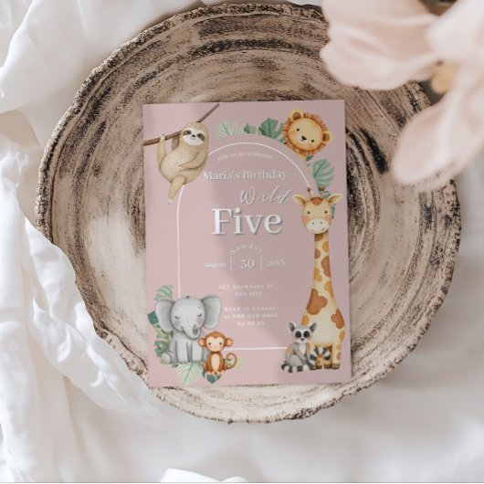 Roze Tropisch Oerwoud Safari Dieren Verjaardag Kaart