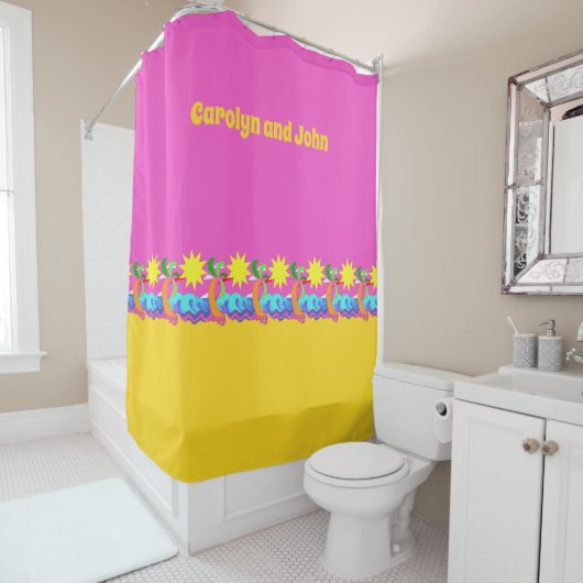 Roze tropisch strand, abstract ontwerp, jouw naam. douchegordijn (In situ)