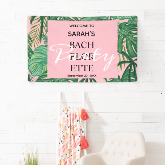 Roze tropisch strand palm bachelorette Welkom Spandoek (Insitu)