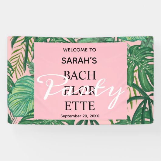 Roze tropisch strand palm bachelorette Welkom Spandoek (Horizontaal)