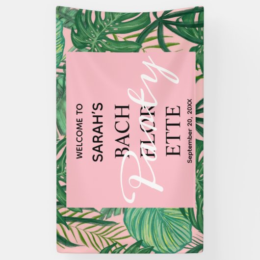 Roze tropisch strand palm bachelorette Welkom Spandoek (Verticaal)