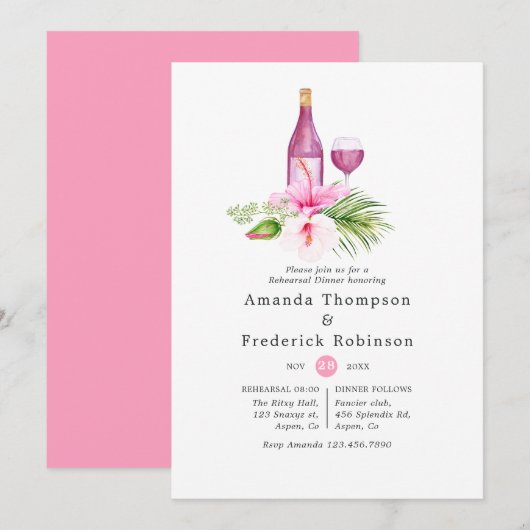 Roze, tropisch strand, repetitie voor binnenwijn kaart (Voorkant / Achterkant)