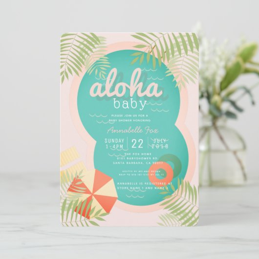 Roze Tropisch zwembad Aloha Baby shower Uitnodigin Kaart (Staand voorkant)