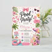 Roze Tropisch Zwembad Feest Kaart (Staand voorkant)