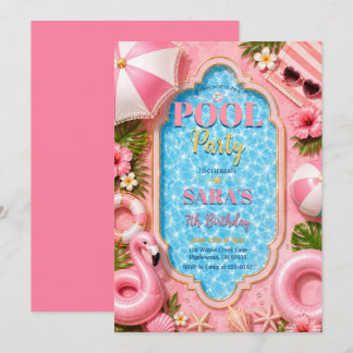 Roze Tropisch Zwembad Feest Verjaardag Kaart