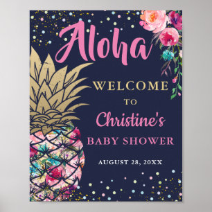 Roze tropische anananasappel blauw Baby shower Poster