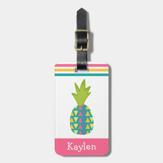 Roze Tropische Ananas Aangepaste Naam Moderne Tren Bagagelabel (Voorkant verticaal)