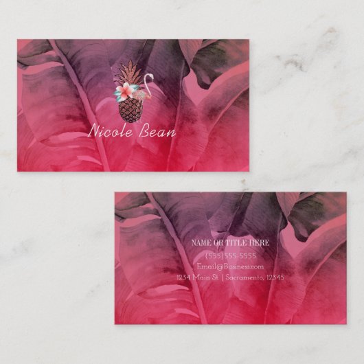 Roze Tropische Ananas Flamingo & Palm Leaves Visitekaartje (Voorkant / Achterkant)