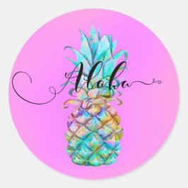 Roze Tropische Ananas Kleurensplash Luau Aloha Ronde Sticker