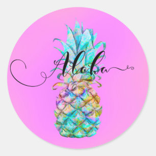 Roze Tropische Ananas Kleurensplash Luau Aloha Ronde Sticker