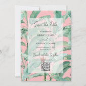 Roze Tropische Banaan Palm Bladeren Bruiloft QR Co Save The Date (Voorkant)
