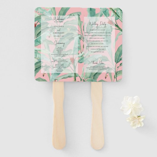 Roze Tropische Banaan Palm Leaves Trouwprogramma Handwaaier (Voorkant en achterkant)