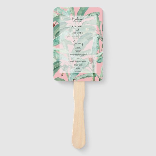 Roze Tropische Banaan Palm Leaves Trouwprogramma Handwaaier (Voorkant)