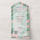 Roze tropische banaan palmbladeren bruiloft all in one uitnodiging (Binnen)