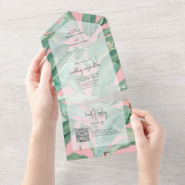 Roze tropische banaan palmbladeren bruiloft all in one uitnodiging