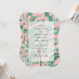 Roze tropische banaan palmbladeren bruiloft kaart