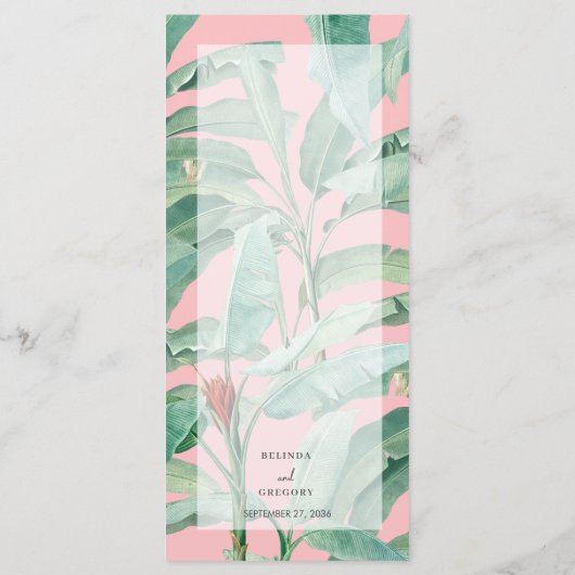Roze tropische banaan palmbladeren bruiloft menu (Achterkant)