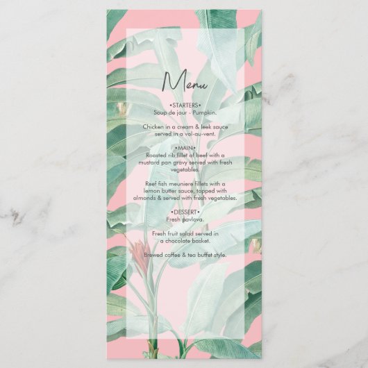 Roze tropische banaan palmbladeren bruiloft menu (Voorkant)