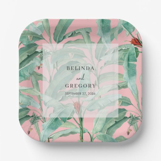 Roze tropische banaan palmbladeren bruiloft papieren bordje (Voorkant)