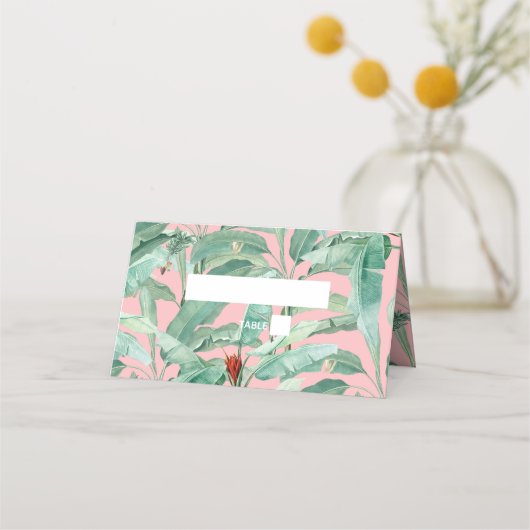 Roze tropische banaan palmbladeren bruiloft plaatskaartje (Voorkant)