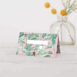 Roze tropische banaan palmbladeren bruiloft plaatskaartje