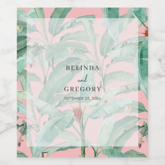 Roze tropische banaan palmbladeren bruiloft wijn etiket (Enkel label)