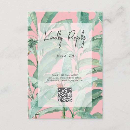Roze Tropische Banaanpalmbladeren Bruiloft Informatiekaartje (Voorkant)