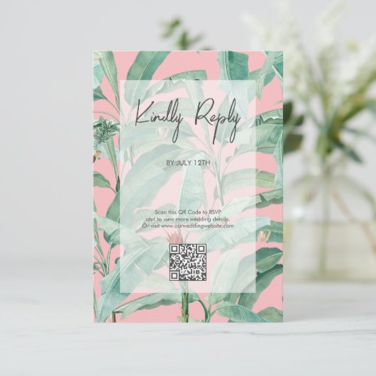 Roze Tropische Banaanpalmbladeren Bruiloft Informatiekaartje (Staand voorkant)