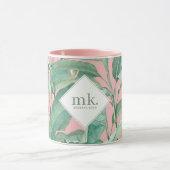 Roze tropische bananenbladeren monogram mok (Midden)