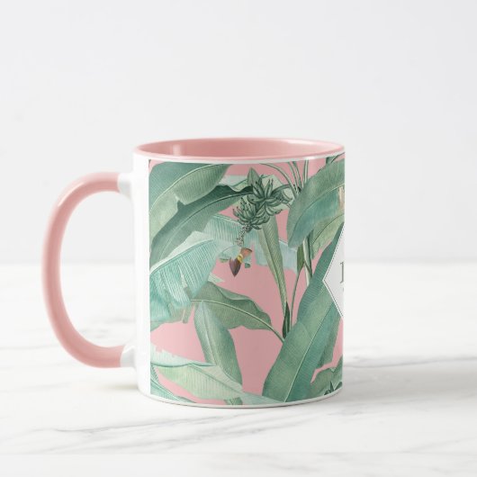 Roze tropische bananenbladeren monogram mok (Links)