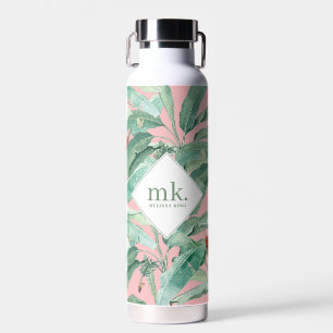 Roze tropische bananenbladeren monogram waterfles