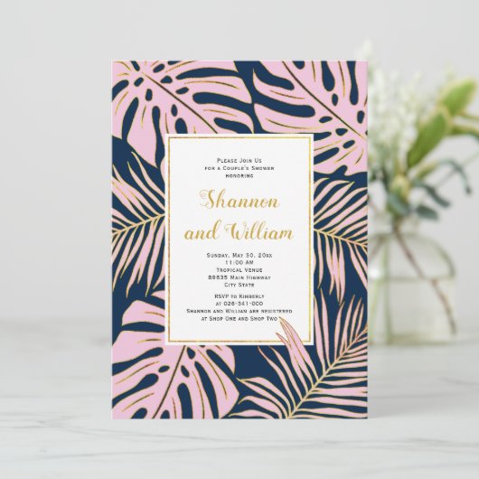 Roze tropische bladeren de douche van het marinesy kaart (Staand voorkant)