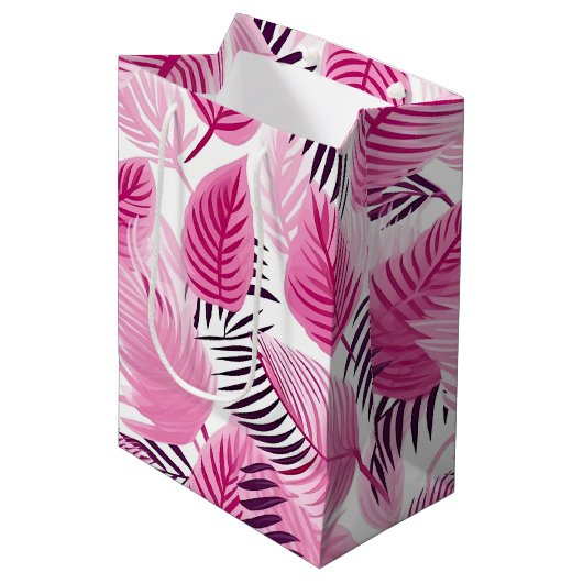 Roze tropische bladeren medium cadeauzakje (Voorkant Gekanteld)