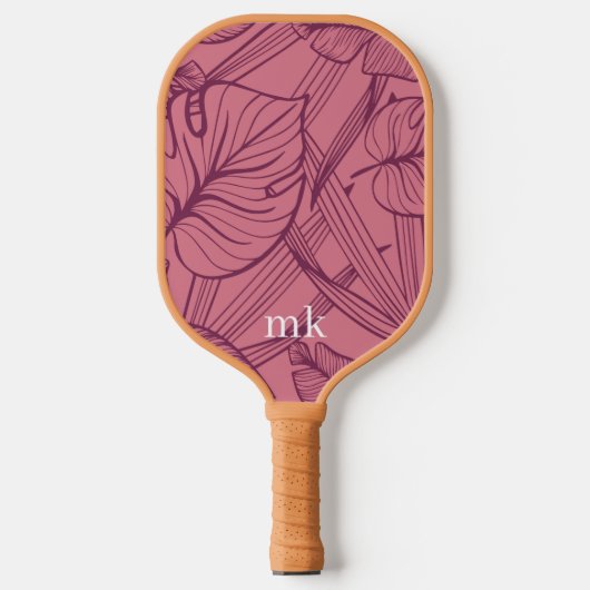 Roze Tropische bladeren Monogram Pickleball Paddle (Voorkant)