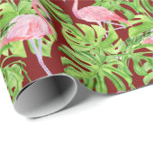 Roze Tropische Bladeren van Flamingo op Bourgogne Cadeaupapier (Rol Hoek)
