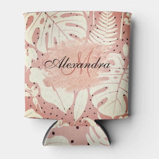 Roze tropische bladeren van Glitter Blikjeskoeler (Voorkant)