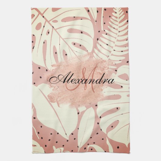 Roze tropische bladeren van Glitter Theedoek (Verticaal)