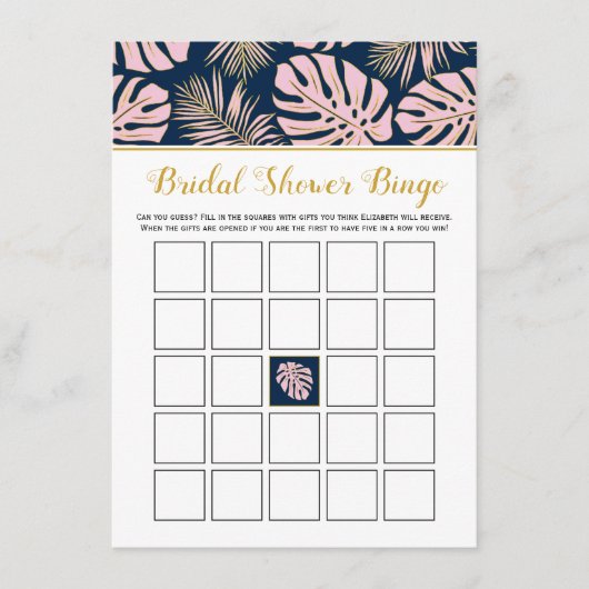 Roze tropische bladeren vrijgezellenfeest bingo ga informatiekaartje (Voorkant)