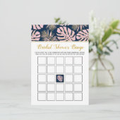 Roze tropische bladeren vrijgezellenfeest bingo ga informatiekaartje (Staand voorkant)