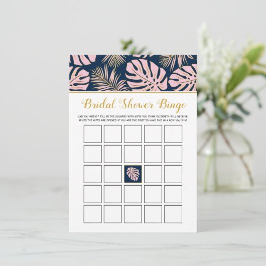 Roze tropische bladeren vrijgezellenfeest bingo ga informatiekaartje (Staand voorkant)