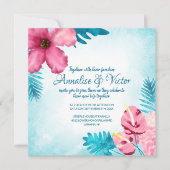 Roze Tropische Blauwgroen Hibiscus bruiloft uitnod Kaart (Voorkant)