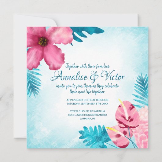 Roze Tropische Blauwgroen Hibiscus bruiloft uitnod Kaart (Voorkant)