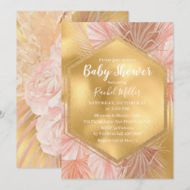 Roze Tropische Bloem Goud Baby Shower Kaart