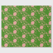Roze tropische bloemen & bladeren op groen cadeaupapier (Vlak)