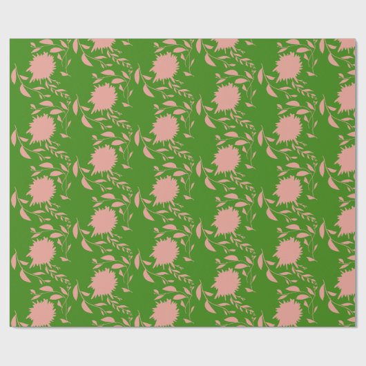Roze tropische bloemen & bladeren op groen cadeaupapier (Vlak)