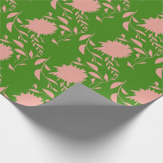 Roze tropische bloemen & bladeren op groen cadeaupapier (Hoek)