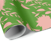 Roze tropische bloemen & bladeren op groen cadeaupapier (Rol Hoek)