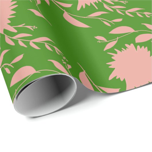 Roze tropische bloemen & bladeren op groen cadeaupapier (Rol Hoek)