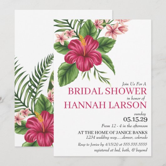 Roze tropische bloemen bruidsfeest uitnodiging (Voorkant / Achterkant)